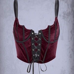 ROMWE Burgundy Velvet Front Lace Up Corset Cami Top